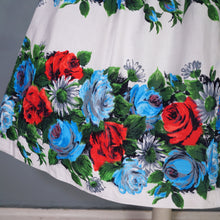 Load image into Gallery viewer, 50s LARGE RED AND TURQUOISE ROSE FLORAL COTTON FULL SKIRTED DRESS - S