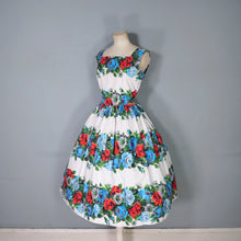Load image into Gallery viewer, 50s LARGE RED AND TURQUOISE ROSE FLORAL COTTON FULL SKIRTED DRESS - S