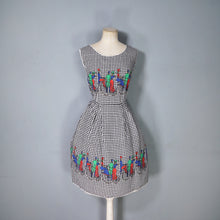 Load image into Gallery viewer, 60s HOUNDSTOOTH AND NOVELTY VICTORIAN CYCLIST PRINT DAY DRESS - S