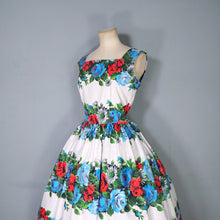 Load image into Gallery viewer, 50s LARGE RED AND TURQUOISE ROSE FLORAL COTTON FULL SKIRTED DRESS - S