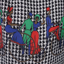 Load image into Gallery viewer, 60s HOUNDSTOOTH AND NOVELTY VICTORIAN CYCLIST PRINT DAY DRESS - S