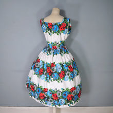 Load image into Gallery viewer, 50s LARGE RED AND TURQUOISE ROSE FLORAL COTTON FULL SKIRTED DRESS - S