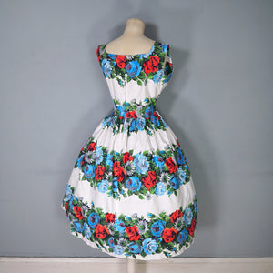 50s LARGE RED AND TURQUOISE ROSE FLORAL COTTON FULL SKIRTED DRESS - S