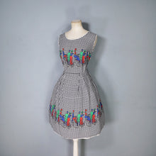 Load image into Gallery viewer, 60s HOUNDSTOOTH AND NOVELTY VICTORIAN CYCLIST PRINT DAY DRESS - S
