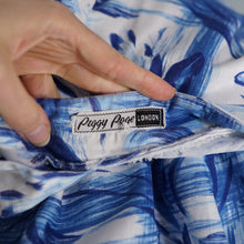 Load image into Gallery viewer, 50s PEGGY PAGE BLUE WHITE PAINTERLY FLORAL CHECK COTTON DAY DRESS - M