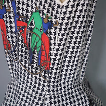 Load image into Gallery viewer, 60s HOUNDSTOOTH AND NOVELTY VICTORIAN CYCLIST PRINT DAY DRESS - S