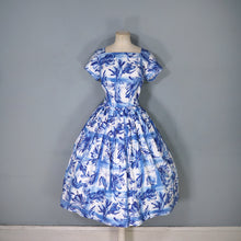 Load image into Gallery viewer, 50s PEGGY PAGE BLUE WHITE PAINTERLY FLORAL CHECK COTTON DAY DRESS - M