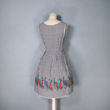 Load image into Gallery viewer, 60s HOUNDSTOOTH AND NOVELTY VICTORIAN CYCLIST PRINT DAY DRESS - S