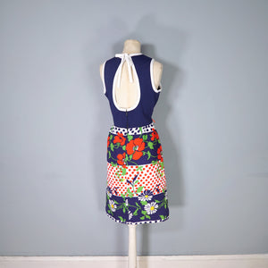 60s BLUE AND BRIGHT FLORAL DAY DRESS WITH CUT OUT BACK - S