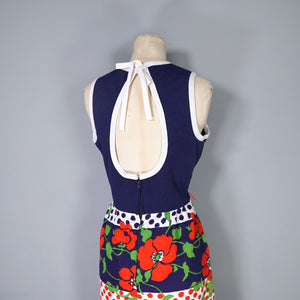 60s BLUE AND BRIGHT FLORAL DAY DRESS WITH CUT OUT BACK - S