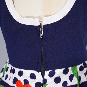 60s BLUE AND BRIGHT FLORAL DAY DRESS WITH CUT OUT BACK - S