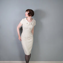 Load image into Gallery viewer, 60s BEIGE AND CREAM CHECK FITTED PENCIL DRESS WITH STATEMENT COLLAR - S