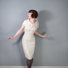 Load image into Gallery viewer, 60s BEIGE AND CREAM CHECK FITTED PENCIL DRESS WITH STATEMENT COLLAR - S