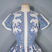 Load image into Gallery viewer, 50s 60s BLUE AND WHITE PAISLEY PRINT FULL SKIRTED COTTON DAY DRESS - XS