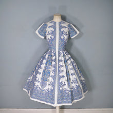 Load image into Gallery viewer, 50s 60s BLUE AND WHITE PAISLEY PRINT FULL SKIRTED COTTON DAY DRESS - XS