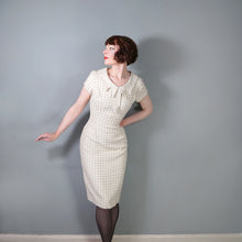 Load image into Gallery viewer, 60s BEIGE AND CREAM CHECK FITTED PENCIL DRESS WITH STATEMENT COLLAR - S