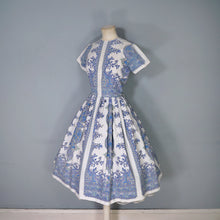 Load image into Gallery viewer, 50s 60s BLUE AND WHITE PAISLEY PRINT FULL SKIRTED COTTON DAY DRESS - XS