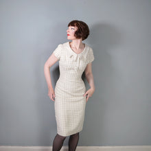 Load image into Gallery viewer, 60s BEIGE AND CREAM CHECK FITTED PENCIL DRESS WITH STATEMENT COLLAR - S