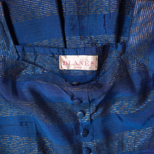 Load image into Gallery viewer, 50s BLANES BLUE AND GOLD METALLIC STRIPE FULL SKIRTED PARTY DRESS WITH BOWS - S