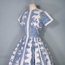 Load image into Gallery viewer, 50s 60s BLUE AND WHITE PAISLEY PRINT FULL SKIRTED COTTON DAY DRESS - XS