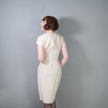 Load image into Gallery viewer, 60s BEIGE AND CREAM CHECK FITTED PENCIL DRESS WITH STATEMENT COLLAR - S