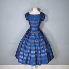 Load image into Gallery viewer, 50s BLANES BLUE AND GOLD METALLIC STRIPE FULL SKIRTED PARTY DRESS WITH BOWS - S