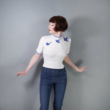 Load image into Gallery viewer, VINTAGE PATTERN 40s style WHITE AND BLUE SWALLOW BIRD INTARSIA JUMPER - S-M