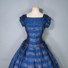 Load image into Gallery viewer, 50s BLANES BLUE AND GOLD METALLIC STRIPE FULL SKIRTED PARTY DRESS WITH BOWS - S