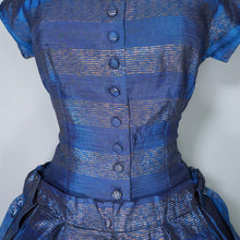 Load image into Gallery viewer, 50s BLANES BLUE AND GOLD METALLIC STRIPE FULL SKIRTED PARTY DRESS WITH BOWS - S