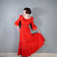 Load image into Gallery viewer, 70s BOLD RED MEXICAN PIN TUCK AND LACE MAXI DRESS WITH RUFFLED NECKLINE - XS-S