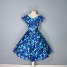 Load image into Gallery viewer, 50s 60s HANDMADE DARK BLUE AND TURQUOISE FLORAL PRINT FULL SKIRTED DRESS - XS-S