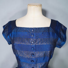 Load image into Gallery viewer, 50s BLANES BLUE AND GOLD METALLIC STRIPE FULL SKIRTED PARTY DRESS WITH BOWS - S