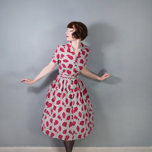Load image into Gallery viewer, 40s 50s GREY AND BURGUNDY ARTIFACT PRINT BELTED SHIRT DRESS - S