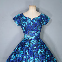Load image into Gallery viewer, 50s 60s HANDMADE DARK BLUE AND TURQUOISE FLORAL PRINT FULL SKIRTED DRESS - XS-S