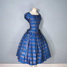 Load image into Gallery viewer, 50s BLANES BLUE AND GOLD METALLIC STRIPE FULL SKIRTED PARTY DRESS WITH BOWS - S