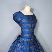 Load image into Gallery viewer, 50s BLANES BLUE AND GOLD METALLIC STRIPE FULL SKIRTED PARTY DRESS WITH BOWS - S