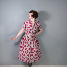 Load image into Gallery viewer, 40s 50s GREY AND BURGUNDY ARTIFACT PRINT BELTED SHIRT DRESS - S