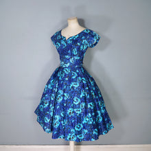 Load image into Gallery viewer, 50s 60s HANDMADE DARK BLUE AND TURQUOISE FLORAL PRINT FULL SKIRTED DRESS - XS-S