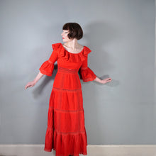 Load image into Gallery viewer, 70s BOLD RED MEXICAN PIN TUCK AND LACE MAXI DRESS WITH RUFFLED NECKLINE - XS-S