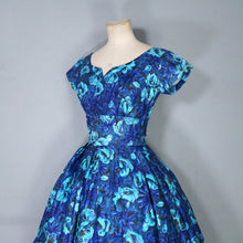 Load image into Gallery viewer, 50s 60s HANDMADE DARK BLUE AND TURQUOISE FLORAL PRINT FULL SKIRTED DRESS - XS-S