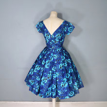 Load image into Gallery viewer, 50s 60s HANDMADE DARK BLUE AND TURQUOISE FLORAL PRINT FULL SKIRTED DRESS - XS-S