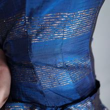 Load image into Gallery viewer, 50s BLANES BLUE AND GOLD METALLIC STRIPE FULL SKIRTED PARTY DRESS WITH BOWS - S