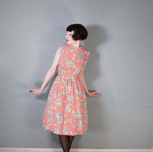 40s HANDMADE RED STRIPE AND FLORAL PRINT SOFT RAYON TEA DRESS - L / volup