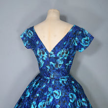 Load image into Gallery viewer, 50s 60s HANDMADE DARK BLUE AND TURQUOISE FLORAL PRINT FULL SKIRTED DRESS - XS-S