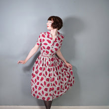 Load image into Gallery viewer, 40s 50s GREY AND BURGUNDY ARTIFACT PRINT BELTED SHIRT DRESS - S