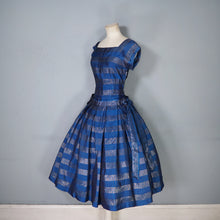 Load image into Gallery viewer, 50s BLANES BLUE AND GOLD METALLIC STRIPE FULL SKIRTED PARTY DRESS WITH BOWS - S