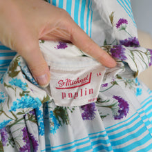 Load image into Gallery viewer, 50s LIGHT BLUE STRIPE AND FLORAL PRINT ST MICHAEL POPLIN SHIRT DRESS - S