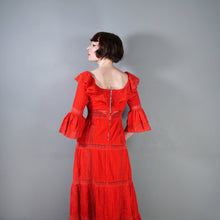 Load image into Gallery viewer, 70s BOLD RED MEXICAN PIN TUCK AND LACE MAXI DRESS WITH RUFFLED NECKLINE - XS-S