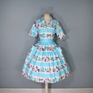 50s LIGHT BLUE STRIPE AND FLORAL PRINT ST MICHAEL POPLIN SHIRT DRESS - S