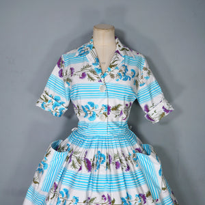 50s LIGHT BLUE STRIPE AND FLORAL PRINT ST MICHAEL POPLIN SHIRT DRESS - S